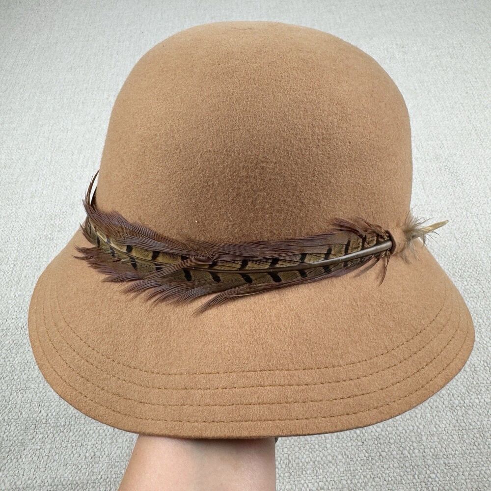 Betmar Tan Wool Women's Camel Brown Feather Vintage Bucket Fedora Hat